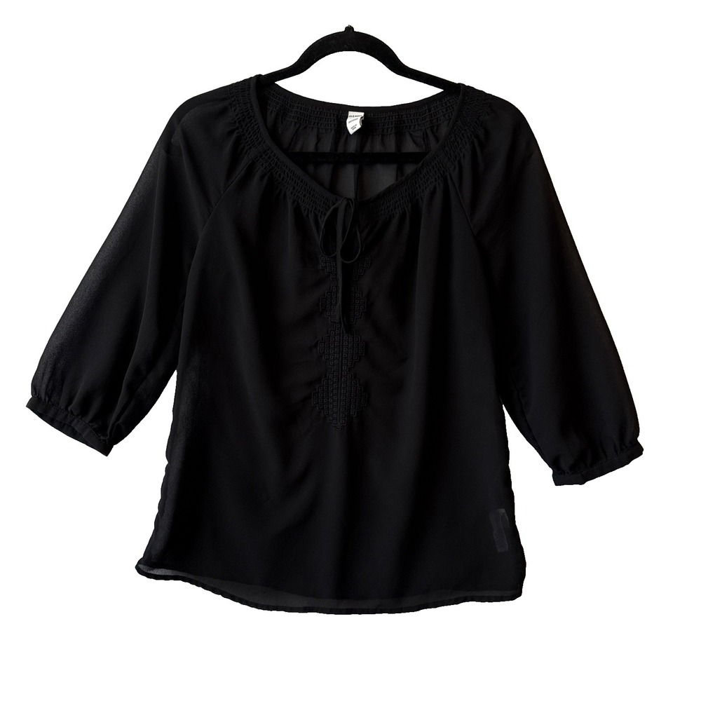 Old Navy Black Sheer Embroidered‎ 3/4 Sleeve Tie Neck Peasant Top XS Boho Chic